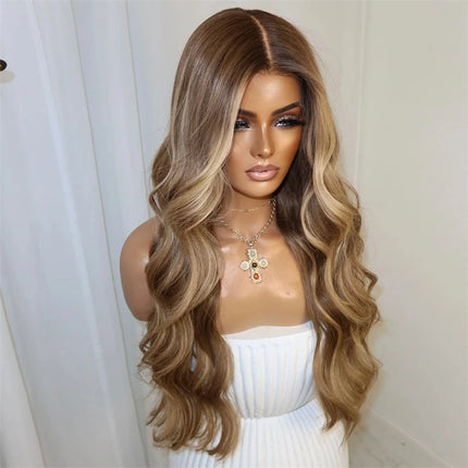 Party Daily Cosplay Wigs 13x4 Ombre Blonde Brown Highlights Synthetic HD Lace Front Wig Natural Long Body Wave Wig High Quality