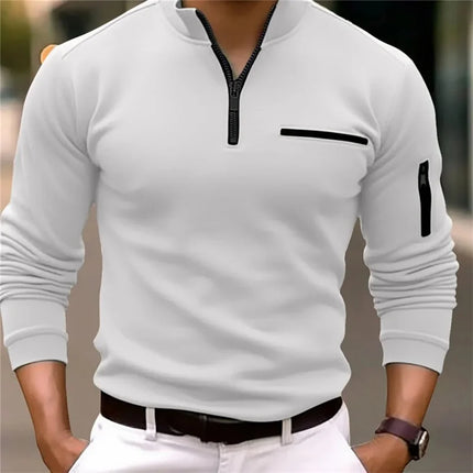 Men's stand-collar half-zip long-sleeve polo shirt, new autumn/winter style casual top with trendy and simple pocket detail
