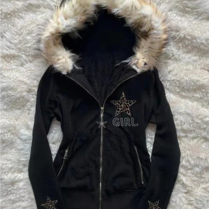 Vintage American Retro Solid Hooded Hoodie Women Winter Faux Fur Lined Zip Up Sweatshirt Cozy Fleece Pullover Streetwear Jacket