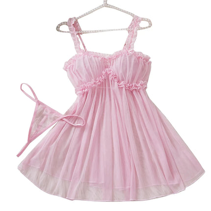 Women Perspective Mesh Nightdress Bow Wrapped Around Chest Pink Sexy Babydoll With Thong Erotic Sexy Lingerie Valentine Day Gift