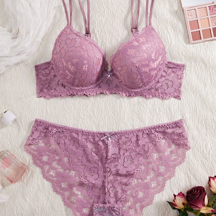Women's Sexy Lingerie Set Lace Patchwork Solid Color Bowknot Rhinestone Embellished Push-Up Double Shoulder Strap Unlined Comfortable Underwear, Lace Semi-Transparent Breathable Panties