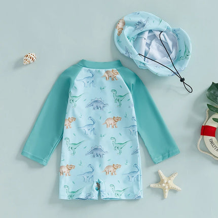 Kids Boys Summer Swimwear Casual Dinosaur/Sea Creature Print Zipper Rash Guard Swimsuit and Hat Beachwear Bathing Suit