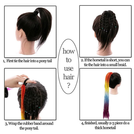 24Inch Synthetic Gradient  Colored Braided Ponytail Hair Extension Elastic Rubber Band Braiding Ponytail for Girl Women