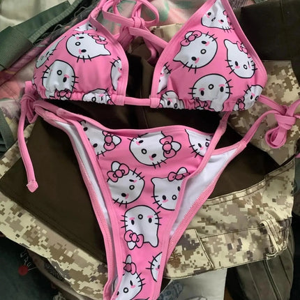 Hello Kitty Bikini Set Summer Beach Soft Side Strappy Panties Swimsuit Cute Cozy Y2K Style