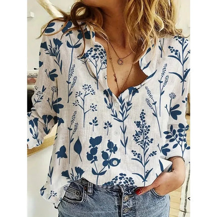 Plus Size women's loose and versatile collared button up shirt fashion casual and versatile retro women's printed Top
