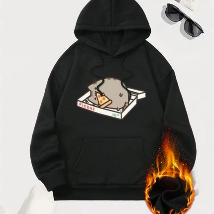 Cat and Pizza Cartoon Print 2025 Autumn Winter Women's Hoodie Top Round Neck Long Sleeve New Women's Sweatshirt Clothing