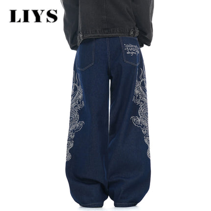 LIYS New Men's Blue Baggy Dragon Embroidered Wide Leg Jeans Spring Summer Classic Blue Baggy Washed Denim Pants Unisex Clothing