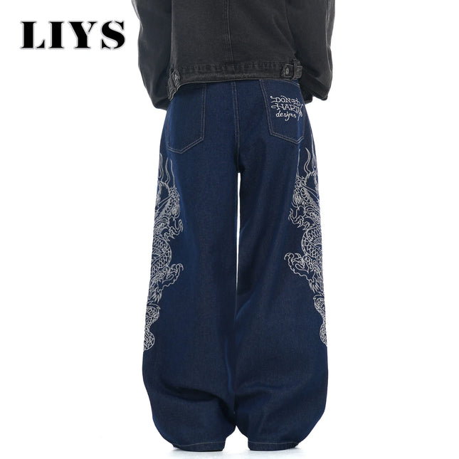 LIYS New Men's Blue Baggy Dragon Embroidered Wide Leg Jeans Spring Summer Classic Blue Baggy Washed Denim Pants Unisex Clothing