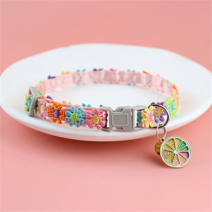 Fashion Rainbow Flower Cat Collar With Bell Kitten Puppy Necklace Adjustable Buckle Colorful Lace Kitten Collar Dog Accessories