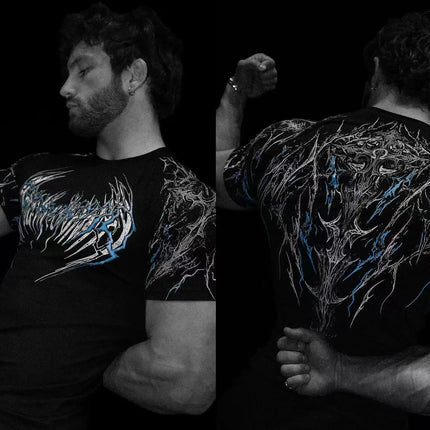 Men's Compression Sports Shirt Tee Gothic Lightning Print GYM Fitness Top Summer Quick Dry Breathable Bodybuilding T-shirt