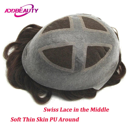 HD Lace PU Men Toupee Swiss Lace Indian Human Hair Wigs for Man 0.08-0.1cm PU Thin Skin Real Human Hairpiece Natural Hair Sytsem
