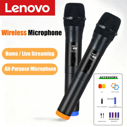 Lenovo Wireless Microphone 2.4G UHF Fixed Frequency 2 Channels Handheld Micphone For Live Party Karaoke Professional Meeting