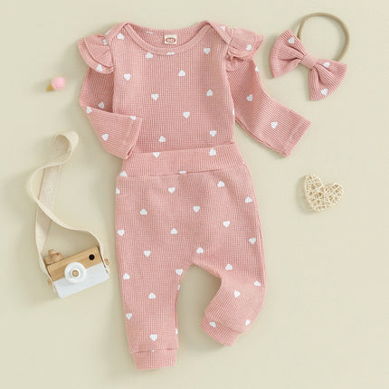 Pudcoco Infant Newborn Baby Girls 3Pcs Fall Outfits Long Sleeve Heart Print Romper + Pants + Headband Set Clothes 0-18M