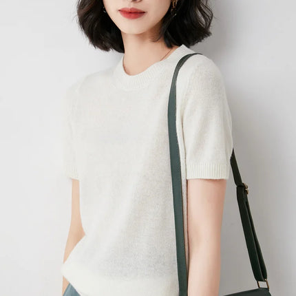 Summer New Women's Knitted Short Sleeve T-shirt Thin Wool Cashmere Short Sleeve Loose Fit Round Neck Top Outerwear Straight Cut
