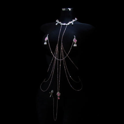 Pink Gemstone Necklace Nipple Clamps Erotic Tassel Body Chain 5 Sizes of Butt Plugs Chest Stimulation Integrated BDSM Restraint