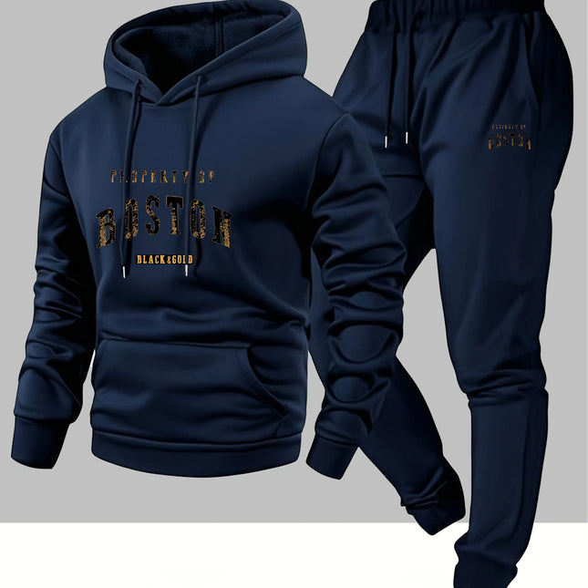 Men's Boston print hooded sweatshirt and sweatpants soft and comfortable thin warm sweatpants set autumn and winter