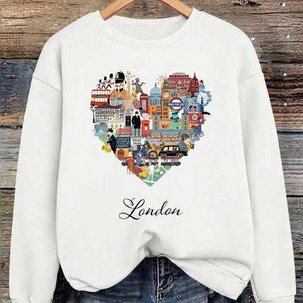 London Heart Street View Print Sweatshirt Women Fleece Hip Hop Streetwear Loose Autumn Clothes Comfortable O-Neck Pullovers