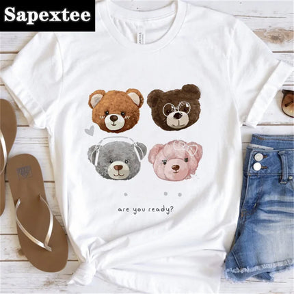 Women's Cute Bear Graphic T-shirt Short-Sleeved Clothes Women's Print T-shirt Summer 90s Fashion Style Women's Fashion T-shirt