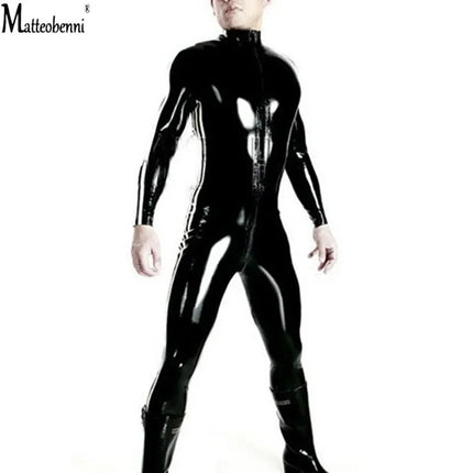 Oversized S-4XL Sexy Lingerie Men Catsuit Faux Leather Front Zipper Crotch Bodysuit Gay Fetish Costumes Erotic Lingerie Jumpsuit