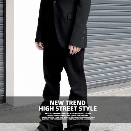 MIJKO Ribbons Slightly Stretch Baggy Flared Jeans for Men High Street Black Color Boom Cut Oversized Casual Denim Trousers