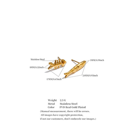 Yhpup Ocean Series Stainless Steel Metal Fishbone Asymmetrical Stud Earrings 18K Gold Color PVD Plated Summer Beach Jewelry