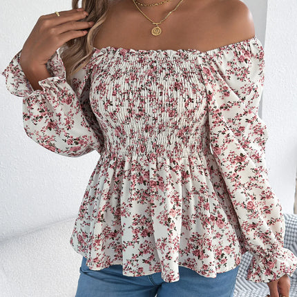 VigoCasey 2025 Spring Floral Print T-shirt Casual Women Lantern Long Sleeve Top Autumn Lady Square Neck Casual Club Short Tops