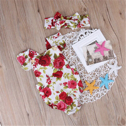 0-24months Toddler Girls Ruffle Sleeveless Romper Summer Floral Square Collar Button Baby Girls Bodysuit + Headband