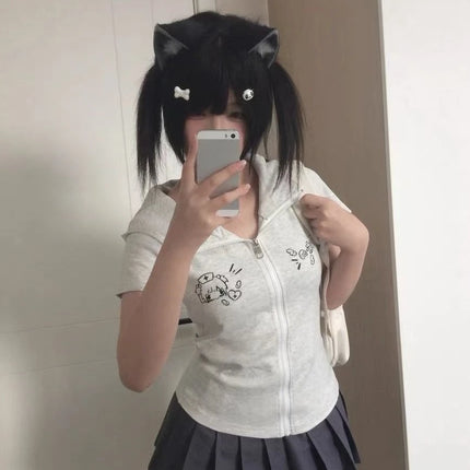 Harajuku Y2k Short SLeeve Hoodie Japanese Women Sweet Patchwork Rabbit Ears Top Casual Subculture Zipper Kawaii Spring Summer