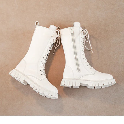 Girls' Boots Autumn Winter British Style Lace Up Long Boots Solid Color Princess Leather Boots Plus Velvet Kids Knight Boot