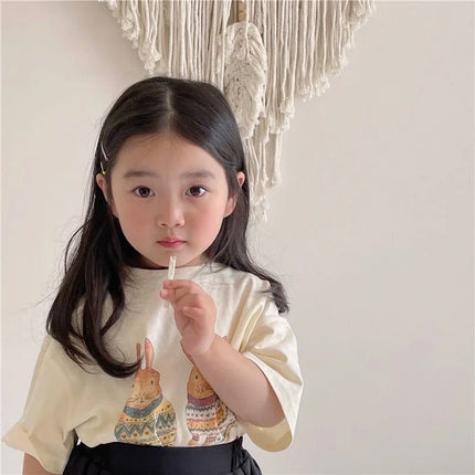 2025 Summer Kids Clothes Children Short Sleeve Korean Style Rabbit Flower Print T-Shirt Baby Girls Half Sleeve Round Neck Tops