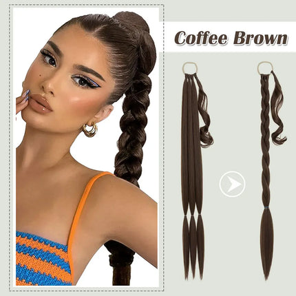 Snoilite Synthetic Long Twist Braid Ponytail Extensions With Rubber Band 34" Boxing Braided Hair Extensions For Women Daily Use