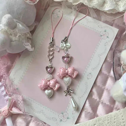 Pink Princess Bow Heart Phone Charm Bowknot Imitation Pearl love Star Beaded Lanyard Chain Keyring for Phone Backpack Wallet