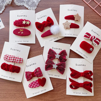 Korean Wine Red Velvet Children's Hair Clips Stylish Versatile Fabric Bow Broken Bangs Clips New Year Christmas Girls' Hairpins