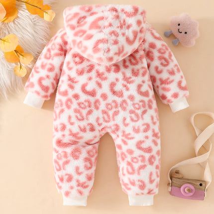 Cute Casual Light Pink Plush Autumn and Winter Leopard Print Comfortable Hooded Baby Jumpsuit