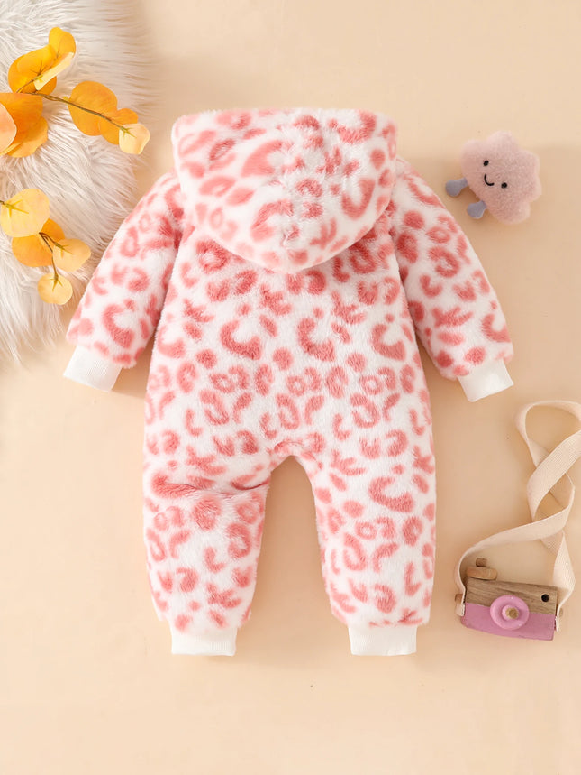 Cute Casual Light Pink Plush Autumn and Winter Leopard Print Comfortable Hooded Baby Jumpsuit