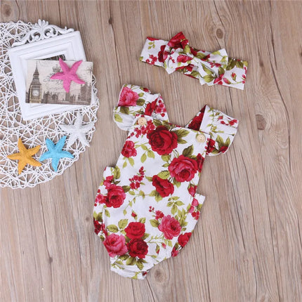0-24months Toddler Girls Ruffle Sleeveless Romper Summer Floral Square Collar Button Baby Girls Bodysuit + Headband