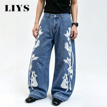 LIYS Men's Retro Grunge Punk Print Wide Leg Jeans Streetwear Baggy Denim Pants Suitable for Gatherings Casual Daily Commuting