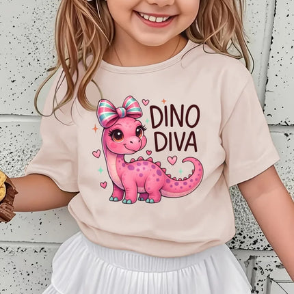 Girls' Kawaii Cartoon Dinosaur Graphic T-Shirt Cute Pink Bow Hearts Print T-Shirt Kids Short Sleeve Tee Y2k Children's Clothing