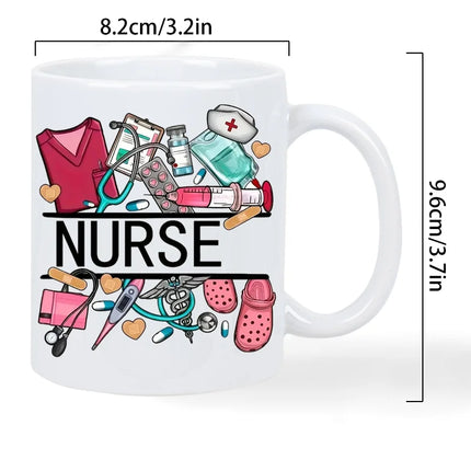 Nurse Themed 11 Ounce Ceramic Coffee Mug - Reusable, Insulated Travel Mug with Medical Illustrations, Hand Wash Only - White