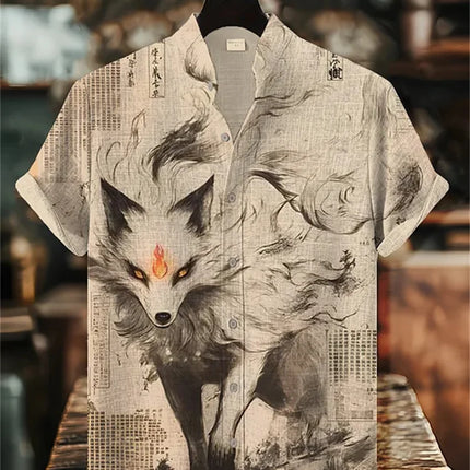 Men's short-sleeved shirt with samurai print and stylish ink painting design, summer casual men's top, trendy retro streetwear.