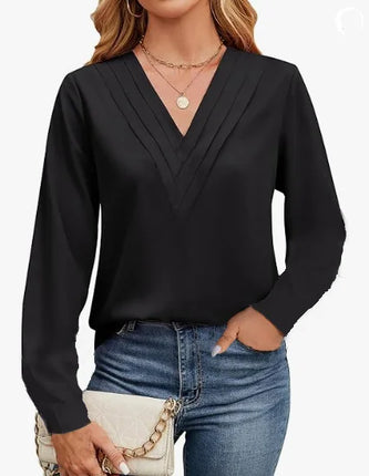 Casual and elegant women's wear, elegant pure-colored triple V-neck long-sleeved shirt, suitable for spring and autumn, women's