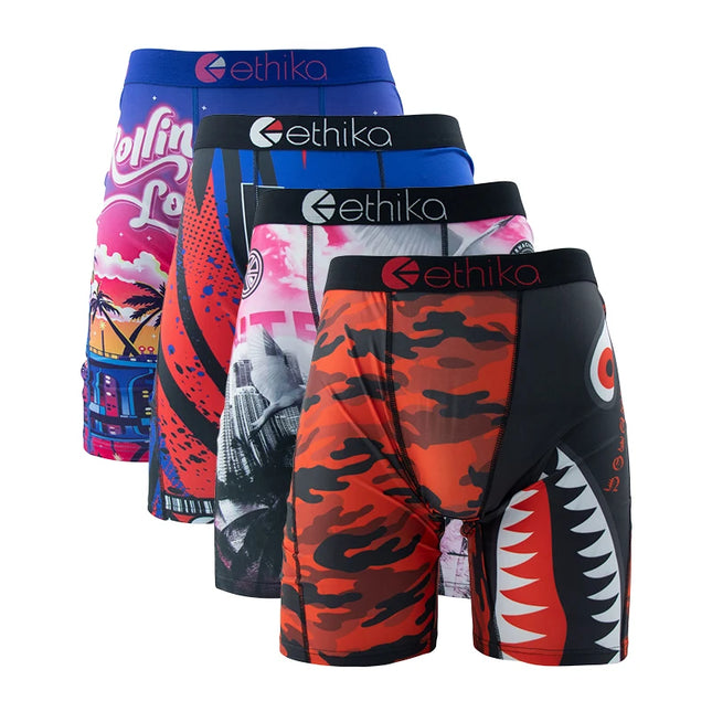 ETHIKA 4Pcs Men Underwear Boxers Breathable Swimming Man Underpants Plus Size Print Mens Panties Trunks Sexy Men's Boxer Briefs