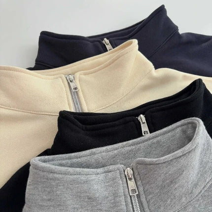 Loose Casual Zipper Sports Sweatshirts Solid Grey Cotton Long Sleeved Pullover Women Autumn and Winter Stand-up Collar Hoodie