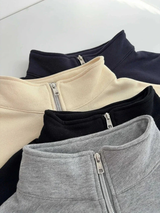 Loose Casual Zipper Sports Sweatshirts Solid Grey Cotton Long Sleeved Pullover Women Autumn and Winter Stand-up Collar Hoodie