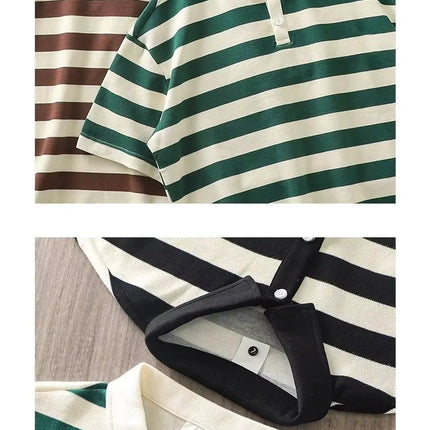 Japanese Sle Striped  irt ort Sve Loose Casual Loose Collar Base irt Heavy T-irt Trendy Brand Breathable