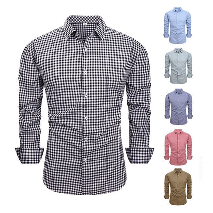 Men's long-sleeved shirt, plaid long-sleeved shirt, business casual slim-fit collared shirt, multiple colors available.