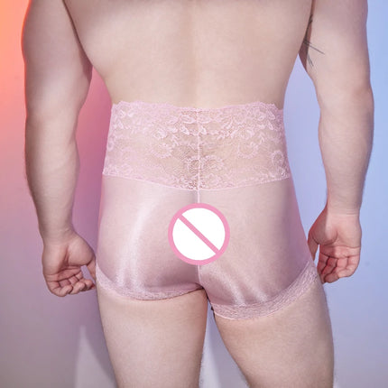 Lace Silky Underwear Men Sexy Lingerie Sheer Oil Glossy Sissy Pouch Panties High Elastic Boxers Femboy Gay Crossdresser Undies