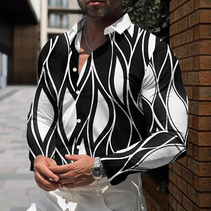 Men's long sleeved lapel shirt with button design and digital printing, casual and comfortable, fashionable to wear