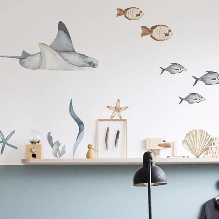 Large Watercolor Sharks Wall Decals Ocean Animal Wall Sticker Under The Sea Marine Life Theme Decals Nursery Kids Room Decor