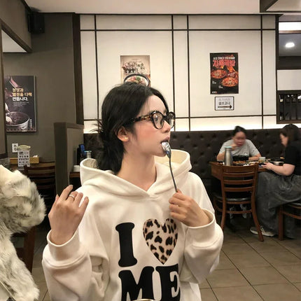 Korean Series Chic Leopard Print Letters Hood White Hoodie Women Autumn and Winter Fleece-lined Thickened Loose Pullover